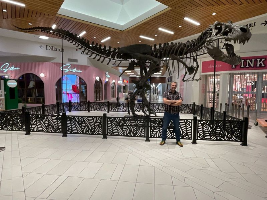 A giant 3D-printed Tyrannosaurus Rex is on display at the Red Cliffs Mall in St. George, Utah, April 4, 2025.