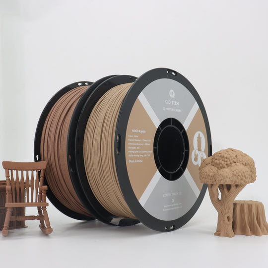 QIDI 3D PLA Wood filament spools and sample prints