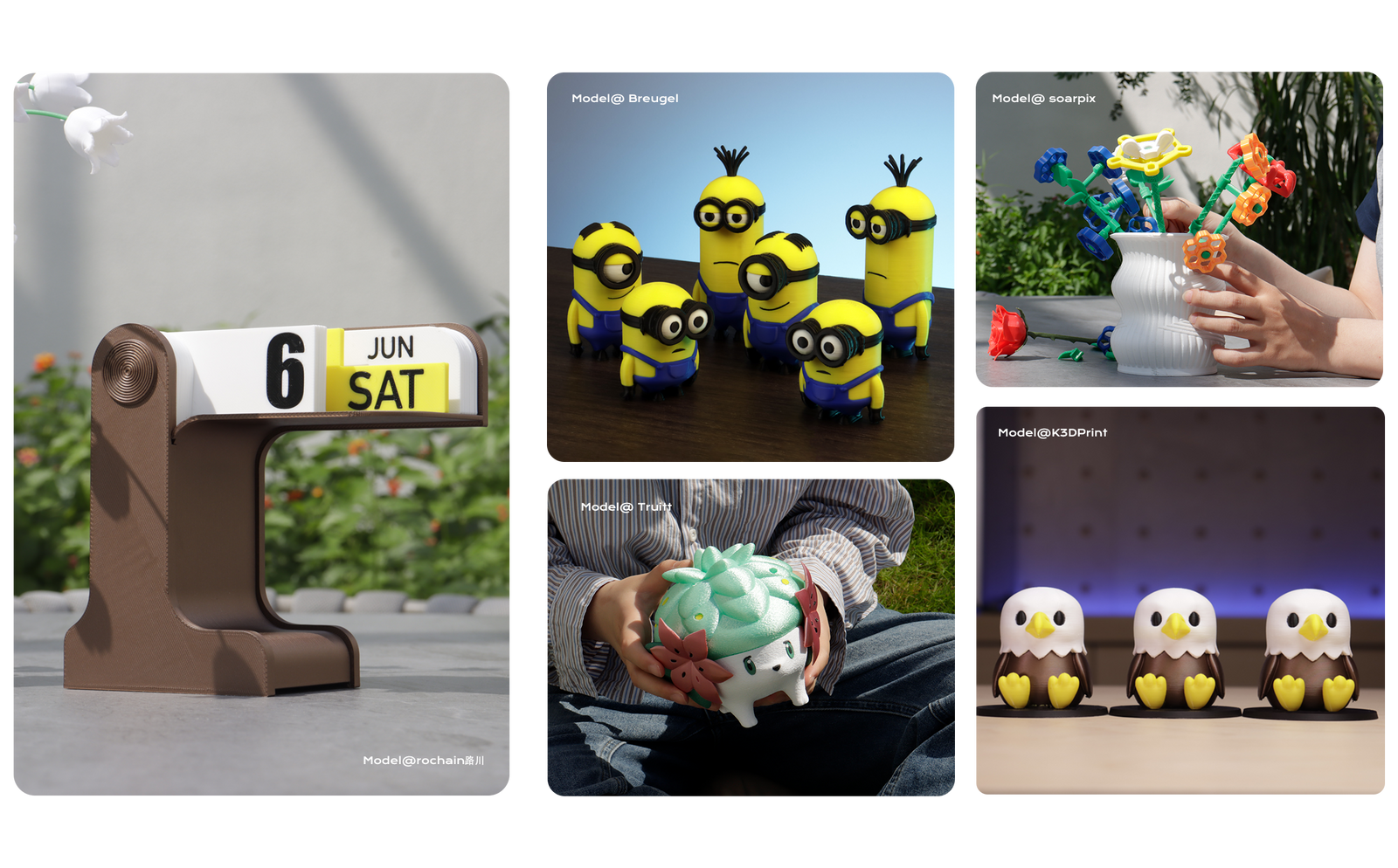 A collage of colorful 3D printed objects including Minions figures, a calendar stand, and decorative birds