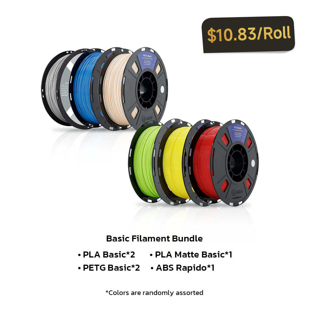 Basic Filament Bundle: 6 spools of PLA Basic (2), PLA Matte Basic (1), PETG Basic (2), ABS Rapido (1). Random colors.