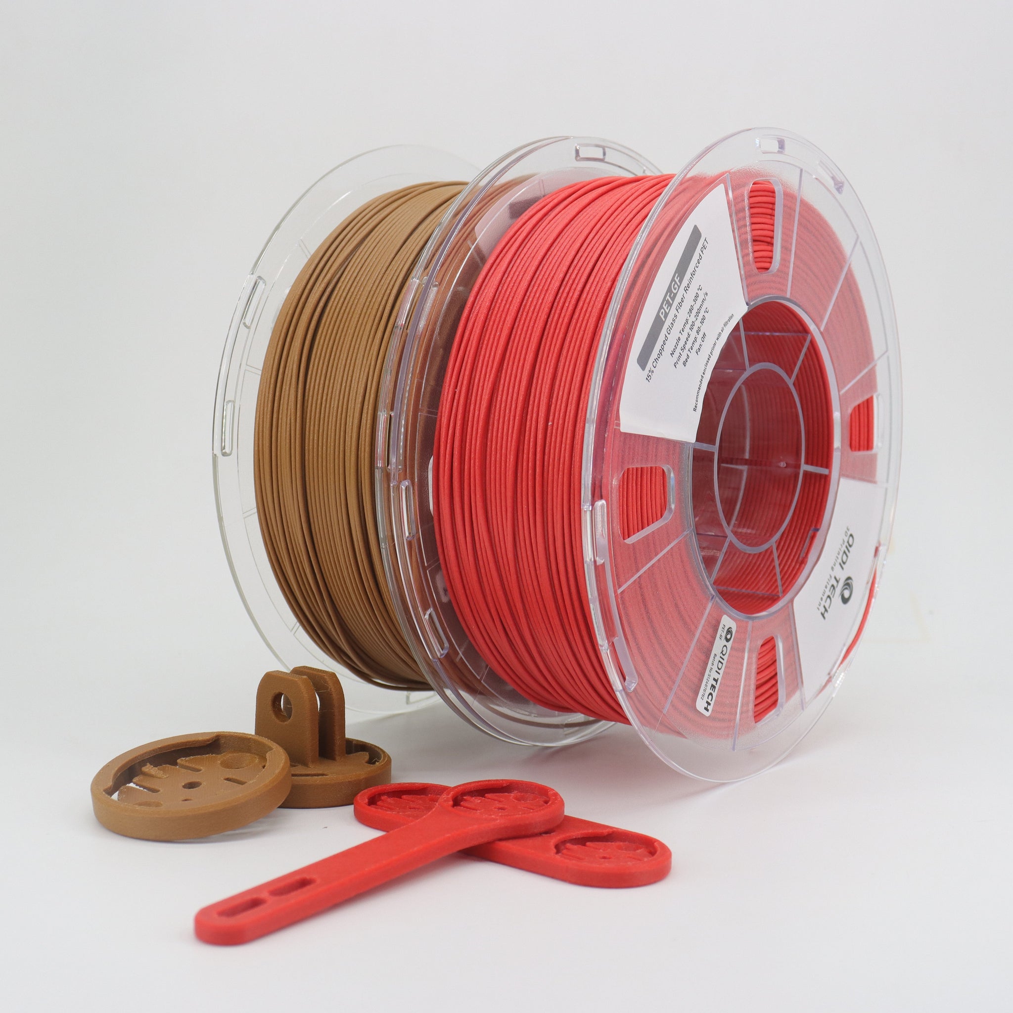 QIDI PET-GF Filament spools and printed parts