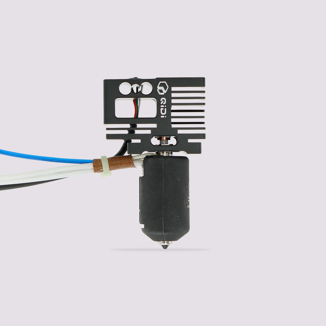 QIDI Max4 Bimetal hot end with black heatsink and black nozzle assembly, featuring blue and white wires.
